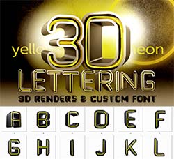 极品3D立体英文字体(黄色霓虹灯效果)：Yellow Neon - 3D Lettering + Font